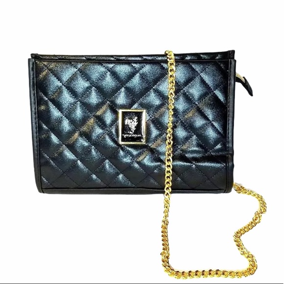 Quilted Purse Gold Chain Cross Body Strap Lined Minimalist Cosmetic Bag Elegant - Picture 1 of 10